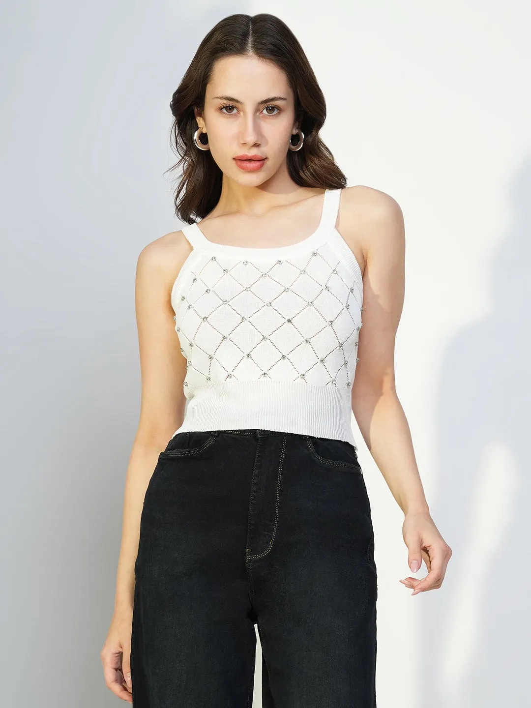 Women's Embellished Ribbed White Crop Top Sustainable Production Process Layering Comfort Wear