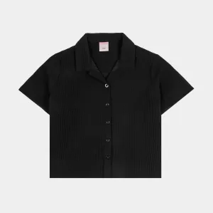 Pleated Button Up Womens Short Sleeve Shirt (Black) Soft Socks Comfy Style