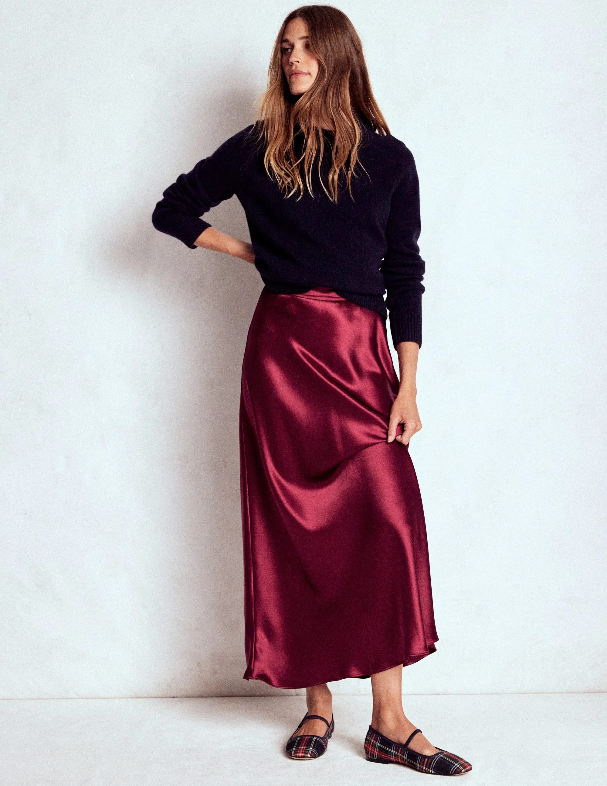 Bias Cut Slip Skirt-Port Monochrome Outfit Vibe Shot