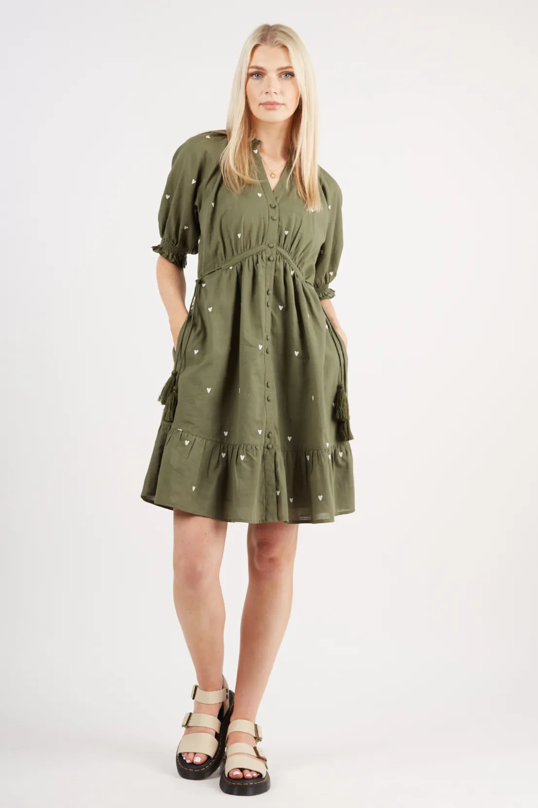Climate-Adaptive Silky-Lining Pamela - Khaki Heart Embroidered Dress