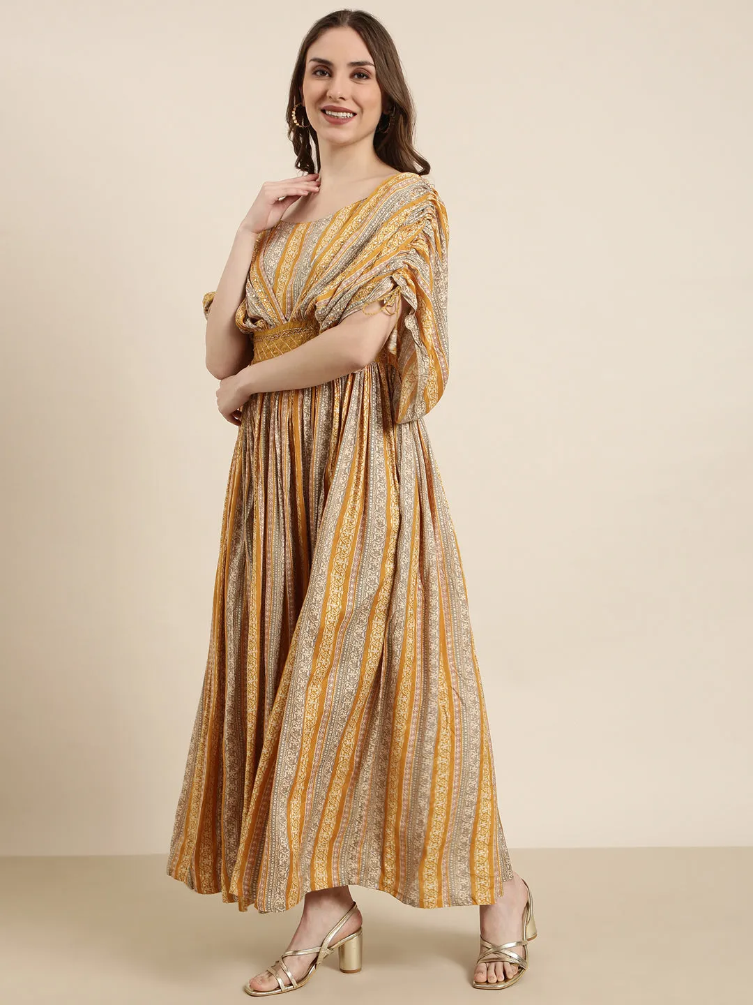 Smile Feel Timeless Style Women's Mustard Floral Printed Square Neck Cape Sleeves Fit and Flare Dress