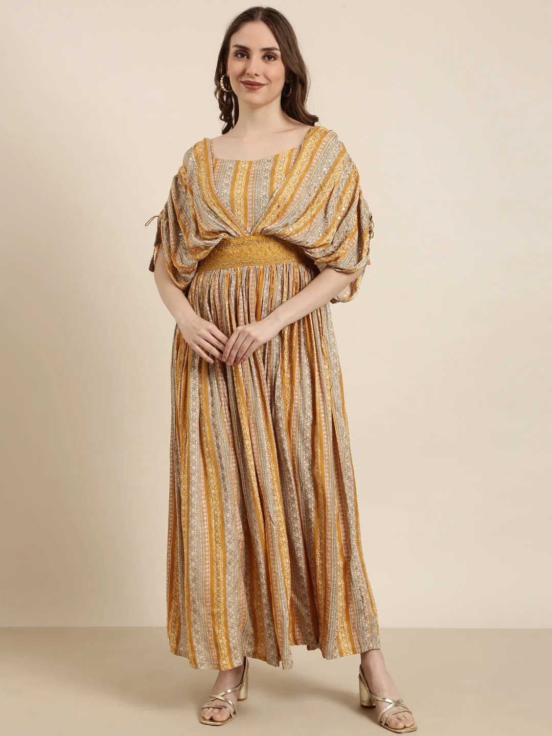 Smart Waist Design Evening Motion Women's Mustard Floral Printed Square Neck Cape Sleeves Fit and Flare Dress