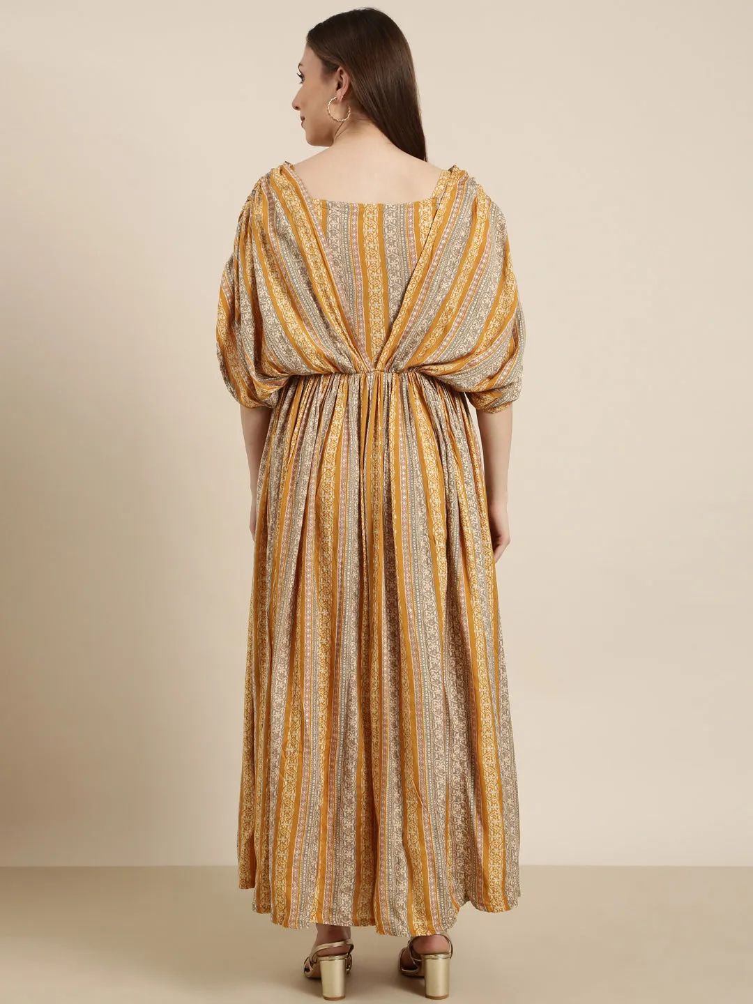 Slender Look Women's Mustard Floral Printed Square Neck Cape Sleeves Fit and Flare Dress