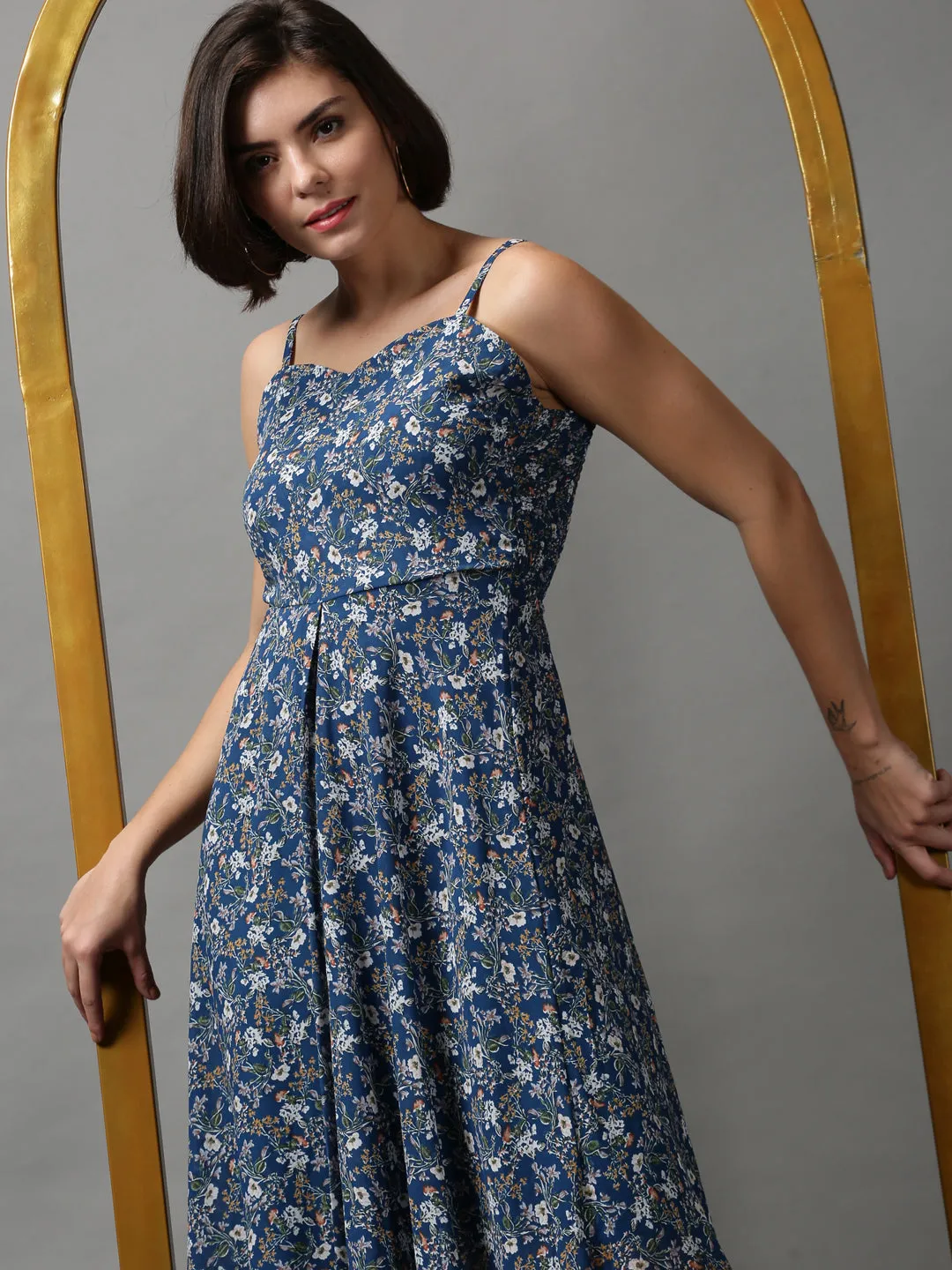 Stay Cool Women's Teal Floral Printed Georgette Midi Dress