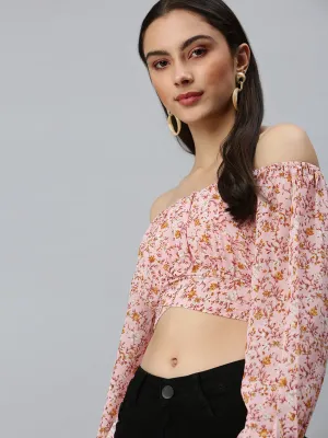 Women's Pink Floral Printed Off-Shoulder Bardot Crop Top Beaded details