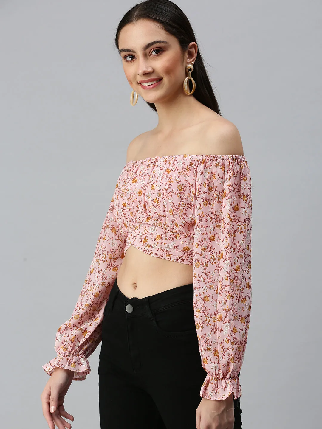 Functional Fit Women's Pink Floral Printed Off-Shoulder Bardot Crop Top