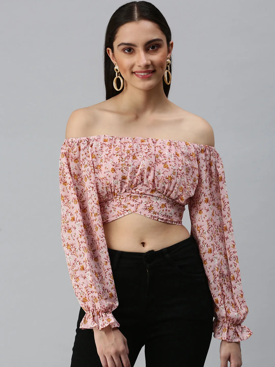 Women's Pink Floral Printed Off-Shoulder Bardot Crop Top Everyday Comfort