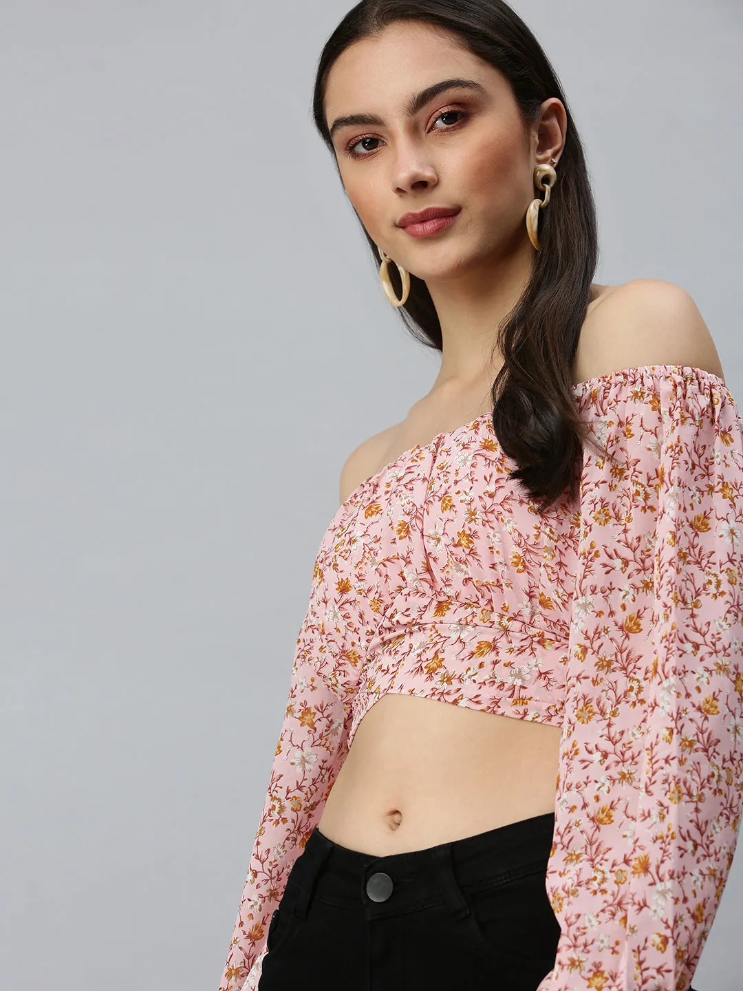 Women's Pink Floral Printed Off-Shoulder Bardot Crop Top Beaded details