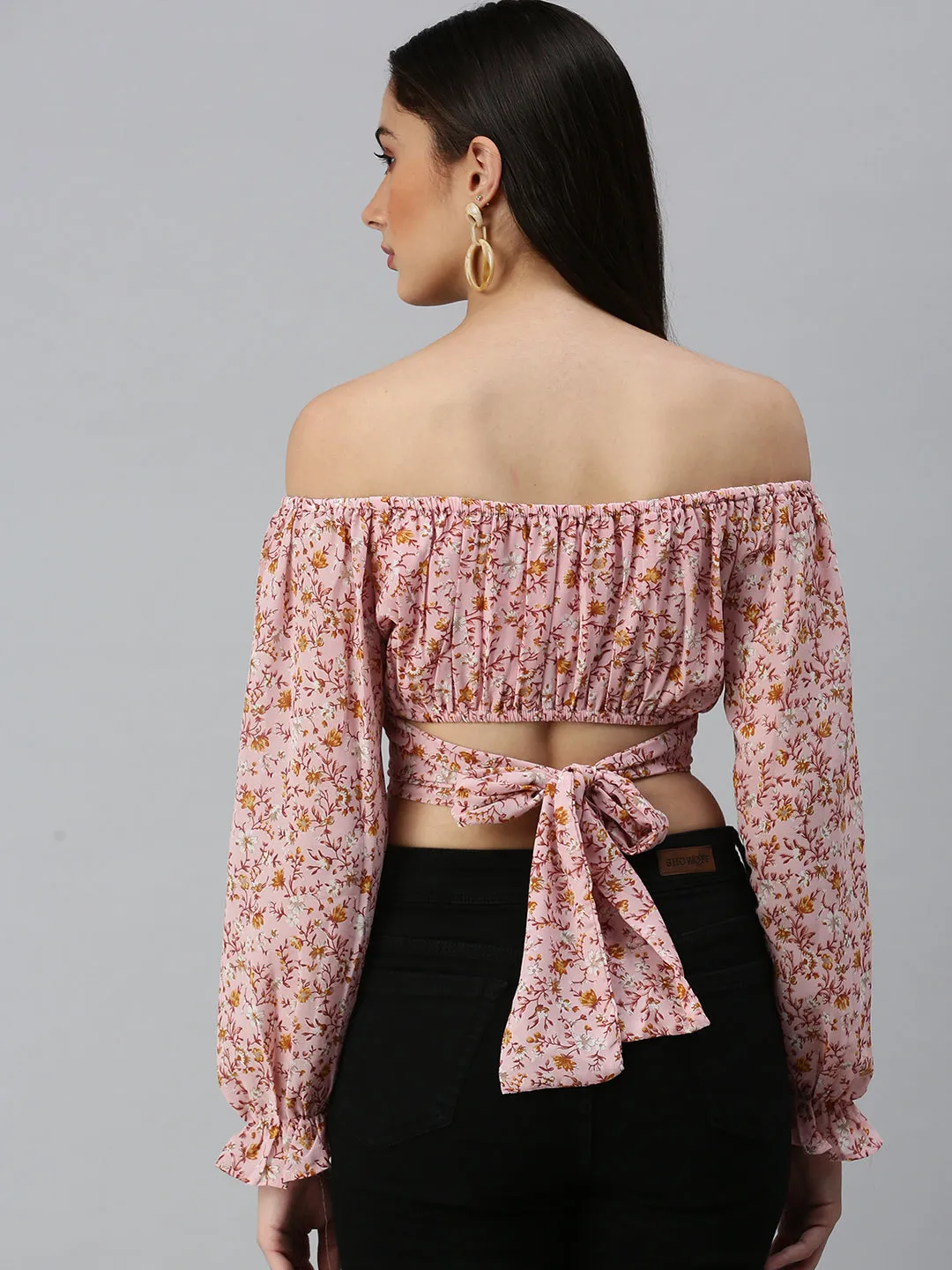 Women's Pink Floral Printed Off-Shoulder Bardot Crop Top graduation Soft Layers