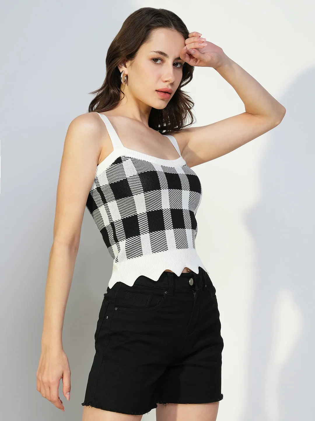 Yarn Dyed Stripes Women's Black Sleeveless Checked Crop Top