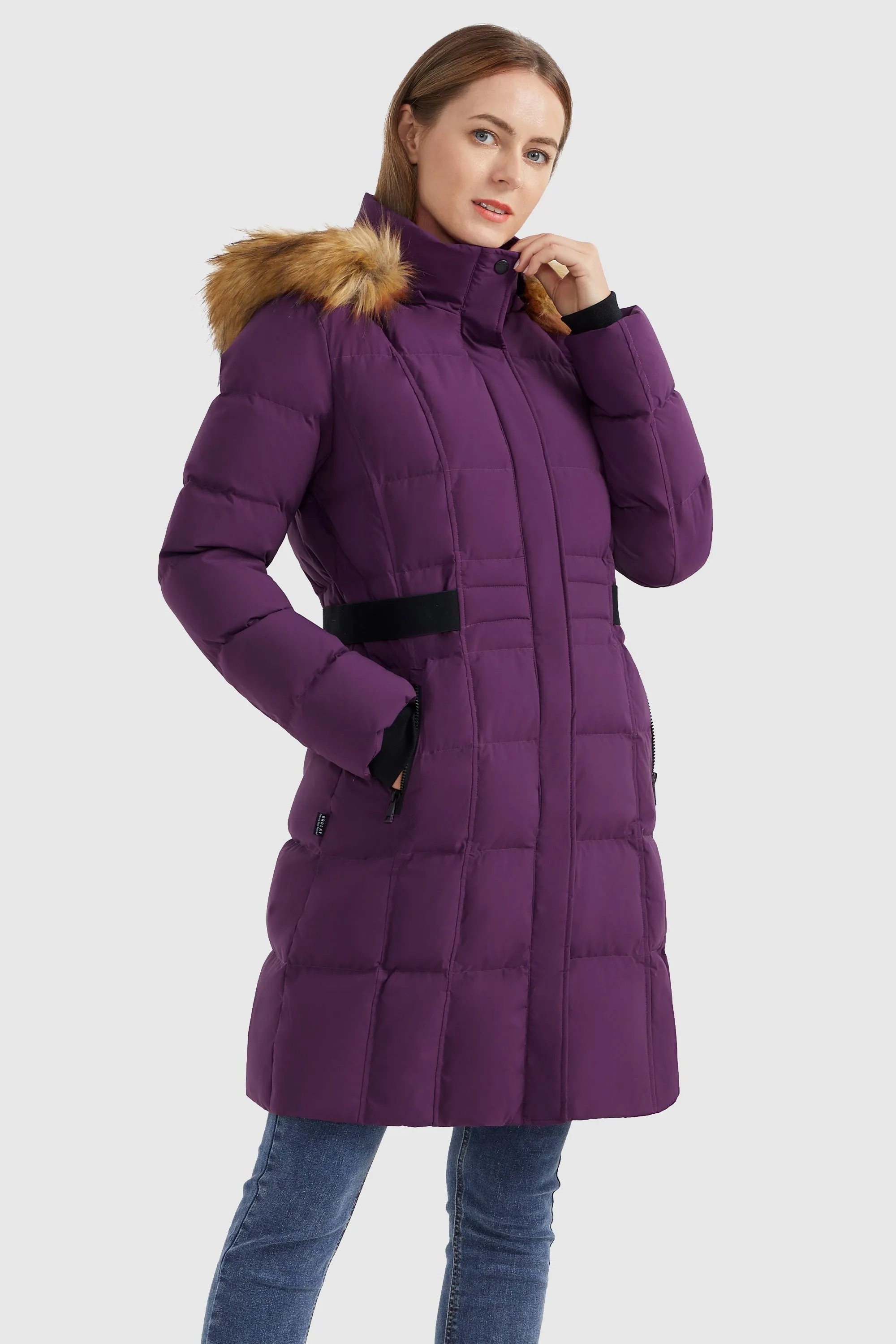 Solid Faux Fur Trim Hood Puffer Down Coat Simple Outer