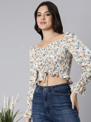 PocketDetail Chilly Layer Women's Off White Floral Printed Sweetheart Neck Cuffed Sleeves Smocked Ruched Crepe Crop Top