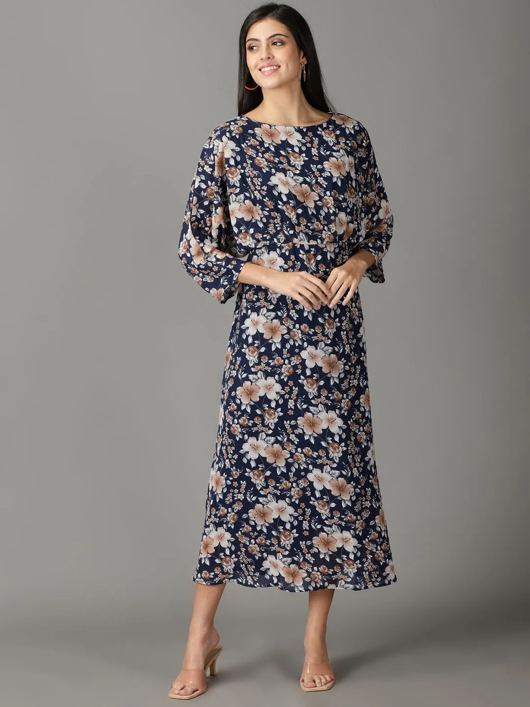 Balanced Lines Women's Navy Blue Floral Printed A-Line Dress