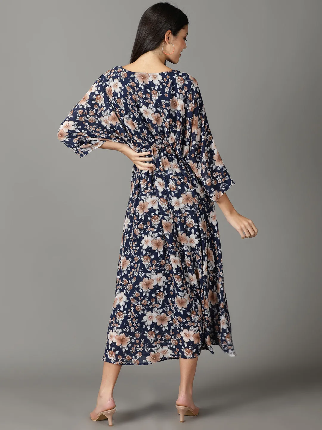 All Season Flared-Hem Women's Navy Blue Floral Printed A-Line Dress