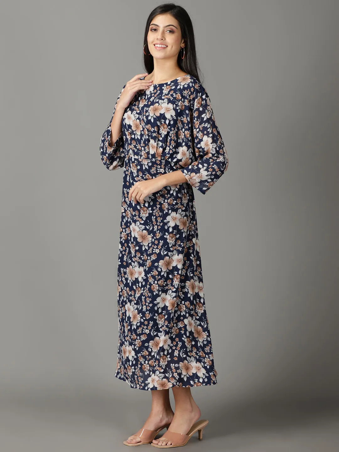 Women's Navy Blue Floral Printed A-Line Dress Interchangeable-Detail