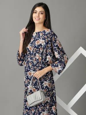 Perfect Waist Women's Navy Blue Floral Printed A-Line Dress