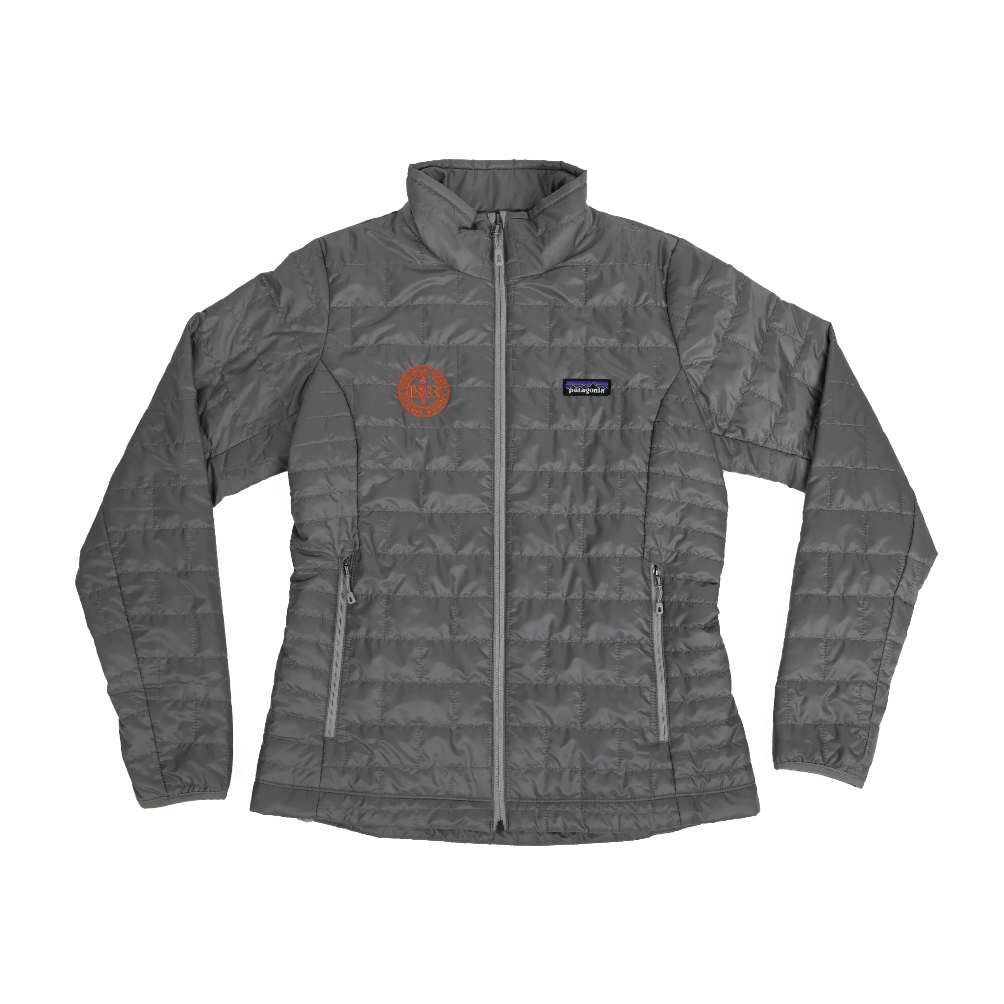 Patagonia Women's Nano Puff Jacket in Feather Grey with Orange Seal Multi Pocket Functionality