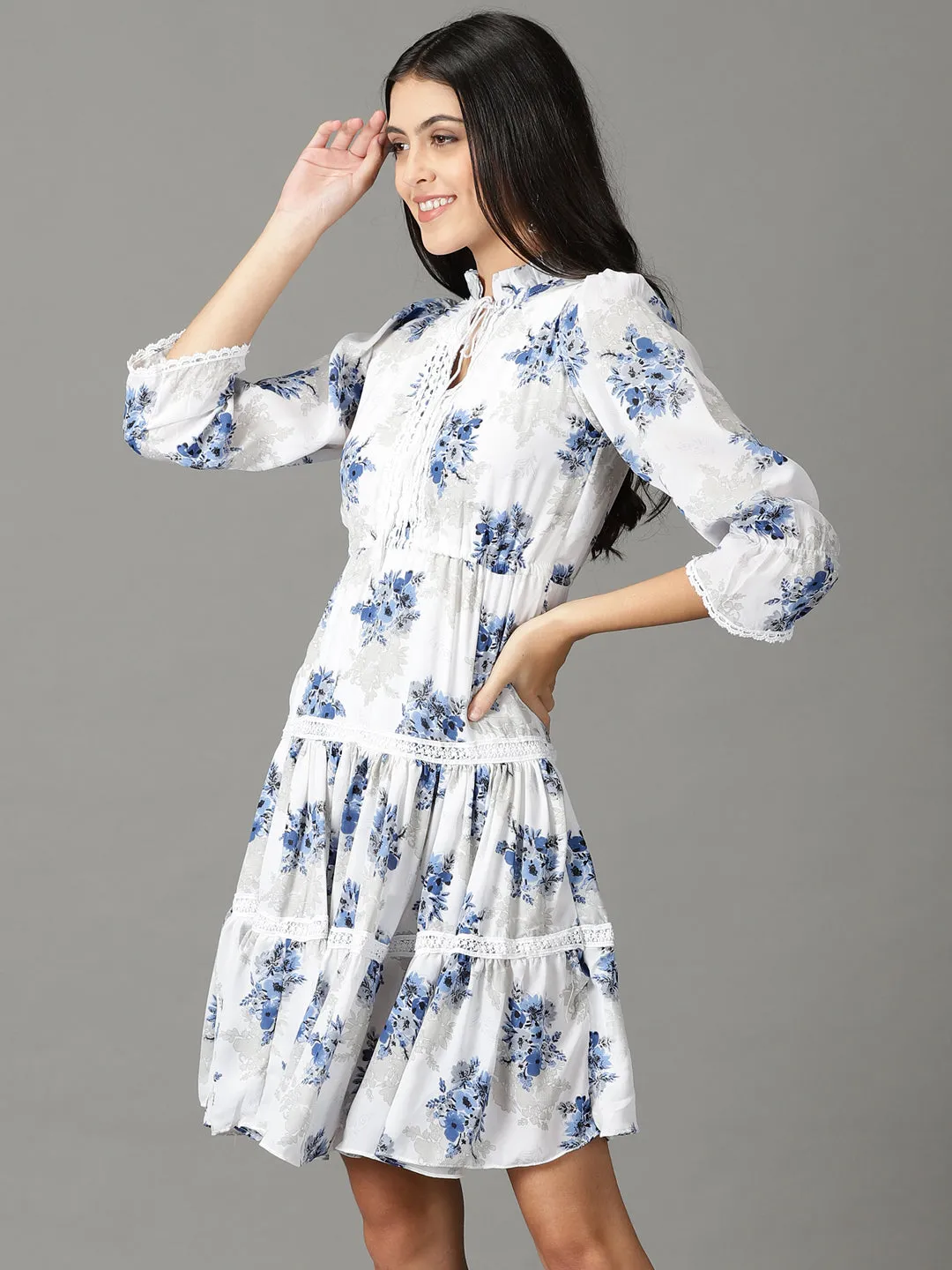 Women's White Floral Chiffon Dress Waist-Cinching Smooth Look
