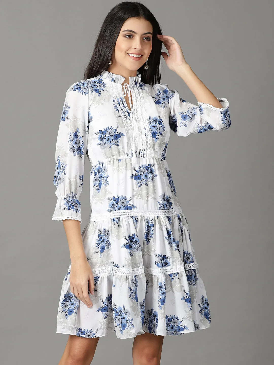 Women's White Floral Chiffon Dress Fall Flow