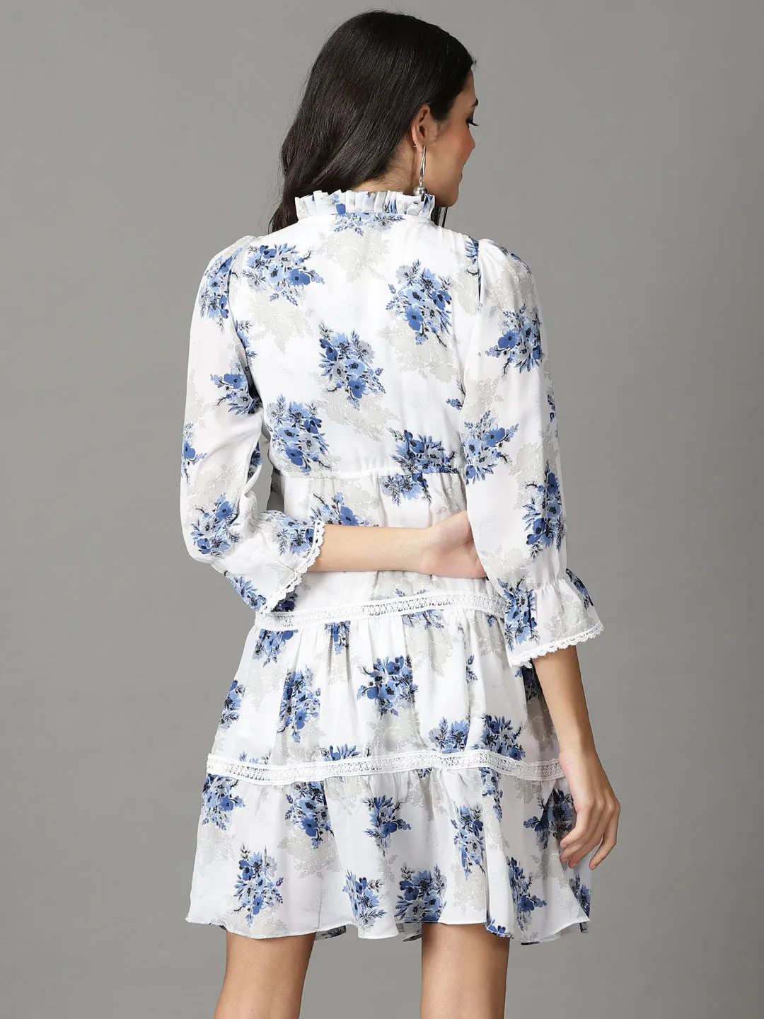 Women's White Floral Chiffon Dress Polished Design French Vibe