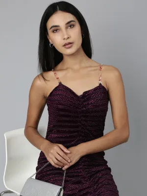 Sharp Motion Minimal Fit Women's Purple Self Design Sweetheart Neck Velvet Sheath Midi Dress