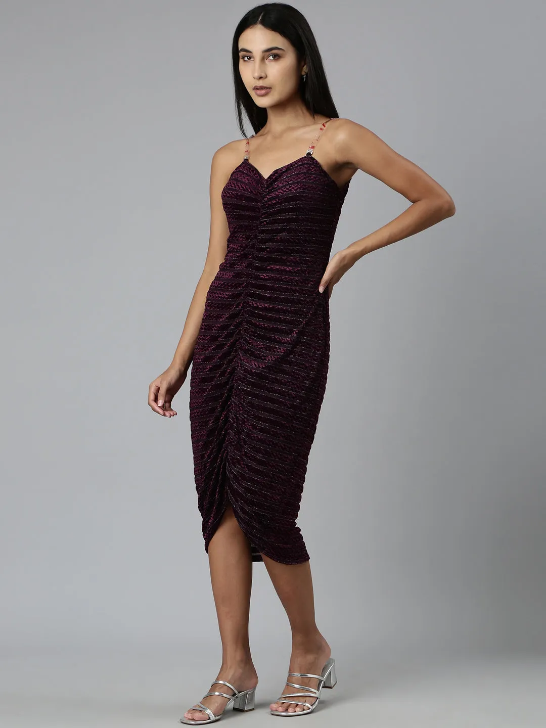 Women's Purple Self Design Sweetheart Neck Velvet Sheath Midi Dress Influencer-Approved