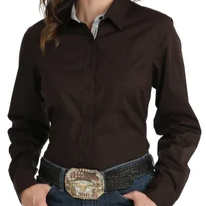 Cinch Women's L/S Tonal Geometric Diamond Western Button Down Shirt in Brown Rayon blend
