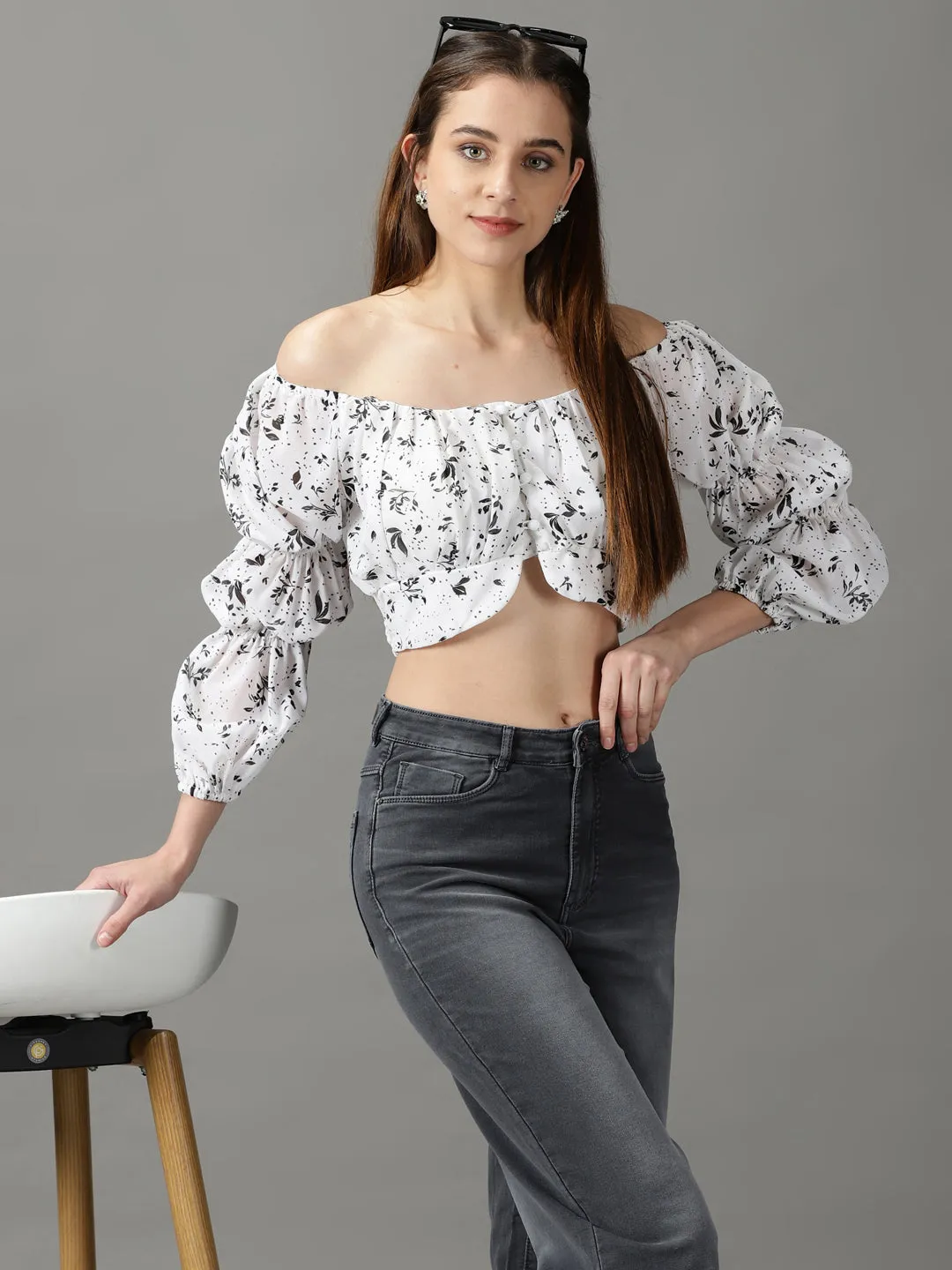 Women's White Floral Print Off-Shoulder Bardot Crop Top Washable fabric