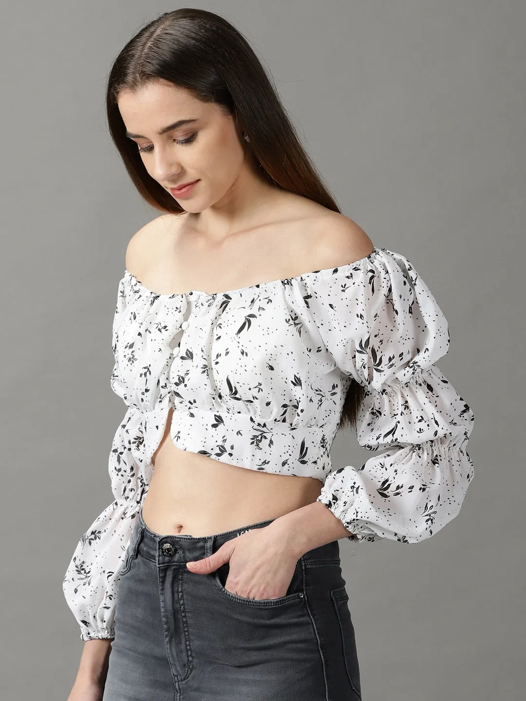 Cozy Fit Design Women's White Floral Print Off-Shoulder Bardot Crop Top