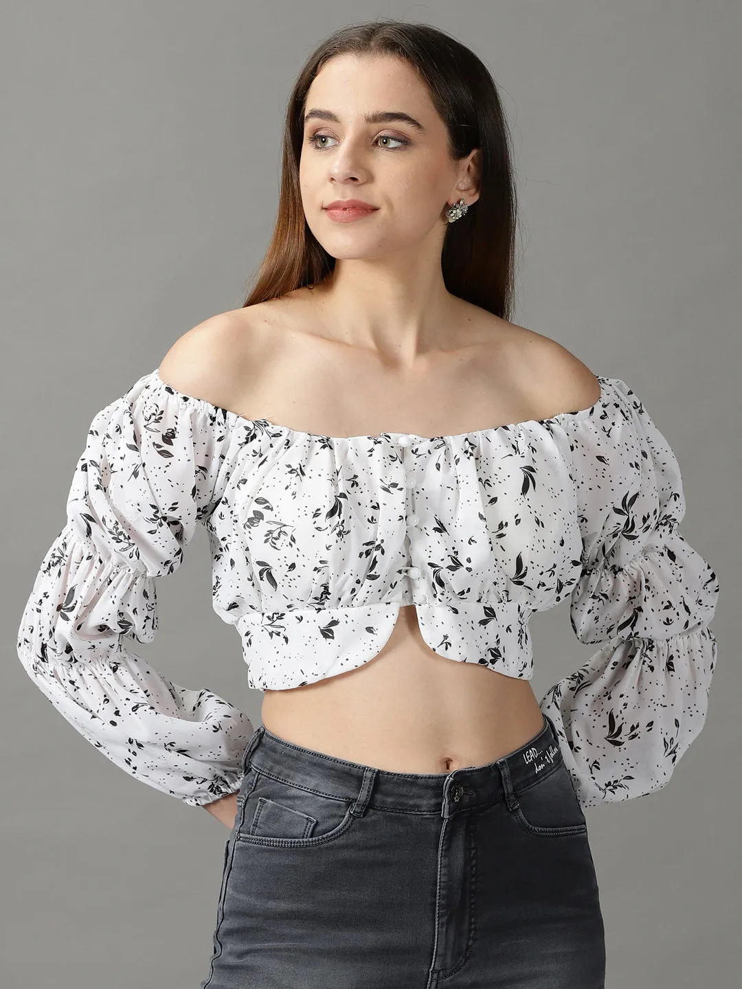 Street Style Cozy And Warm Women's White Floral Print Off-Shoulder Bardot Crop Top