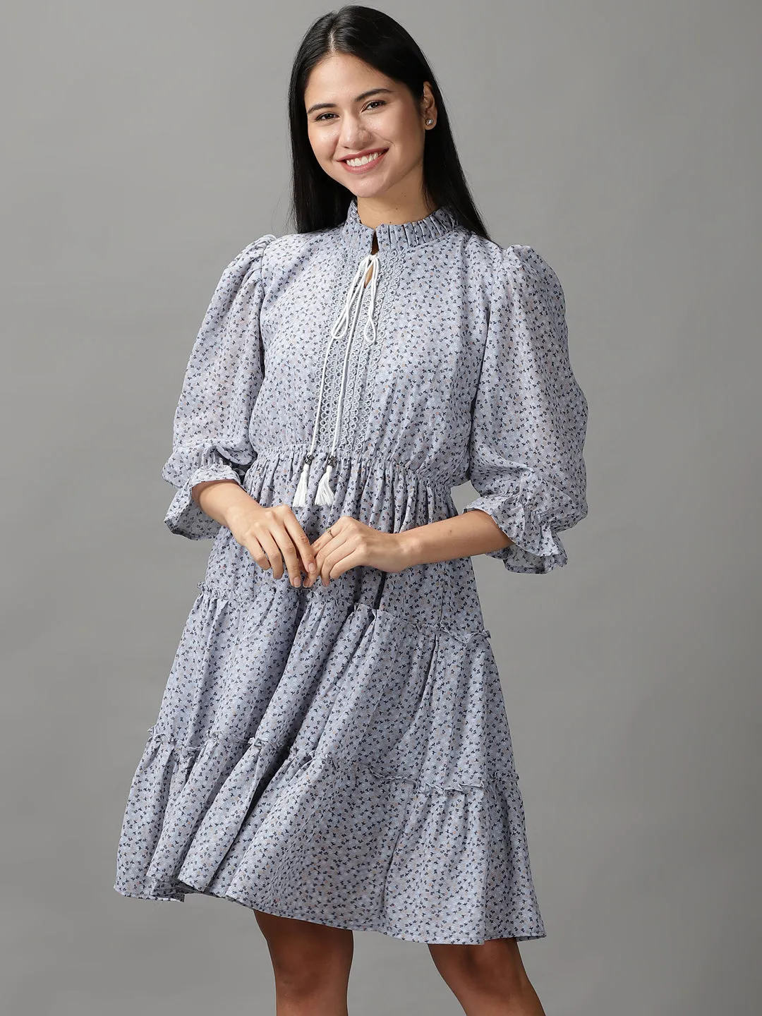 breathable-mesh Women's Blue Floral Chiffon Fit & Flare Dress