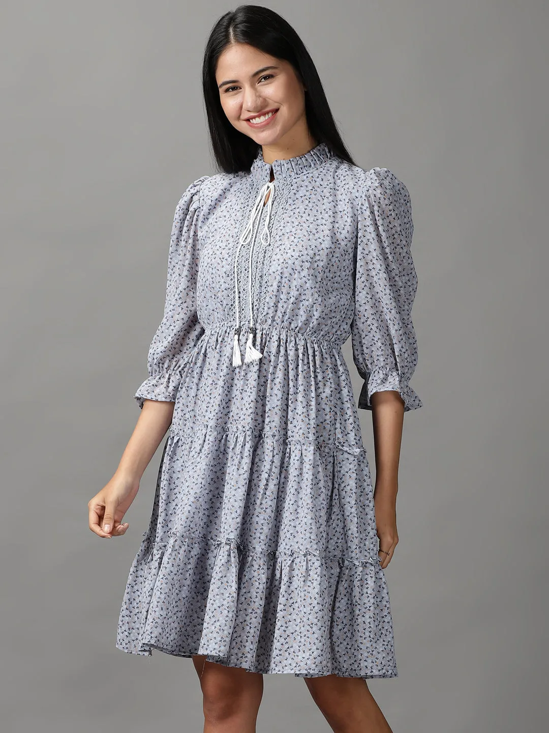 Day Fit Women's Blue Floral Chiffon Fit & Flare Dress