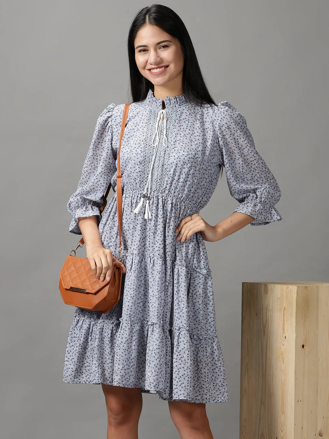 Women's Blue Floral Chiffon Fit & Flare Dress City Friendly Dew Tone