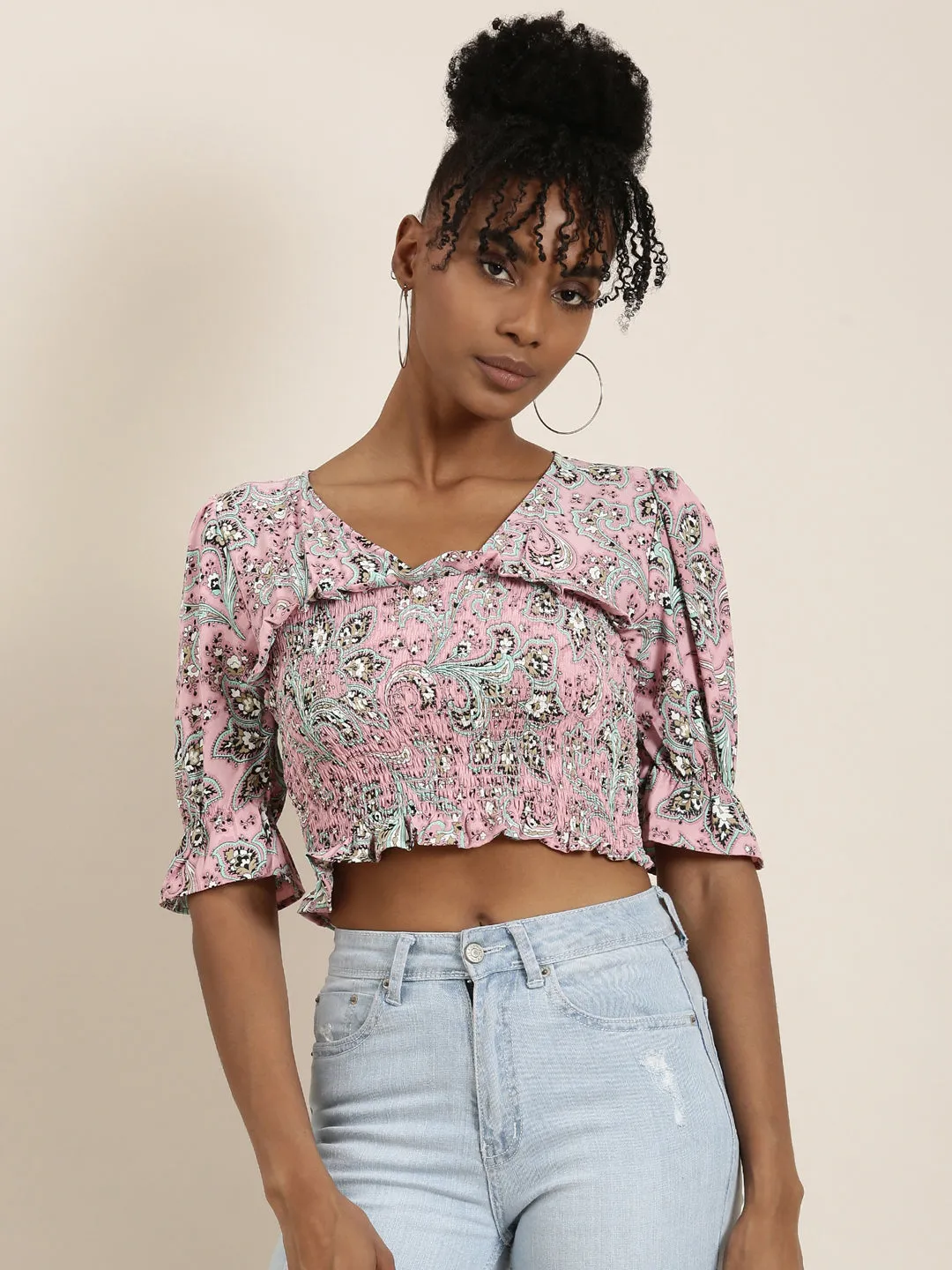 Lightweight Look Seamless construction Women's Pink Floral Printed Bell Sleeves Crop Top