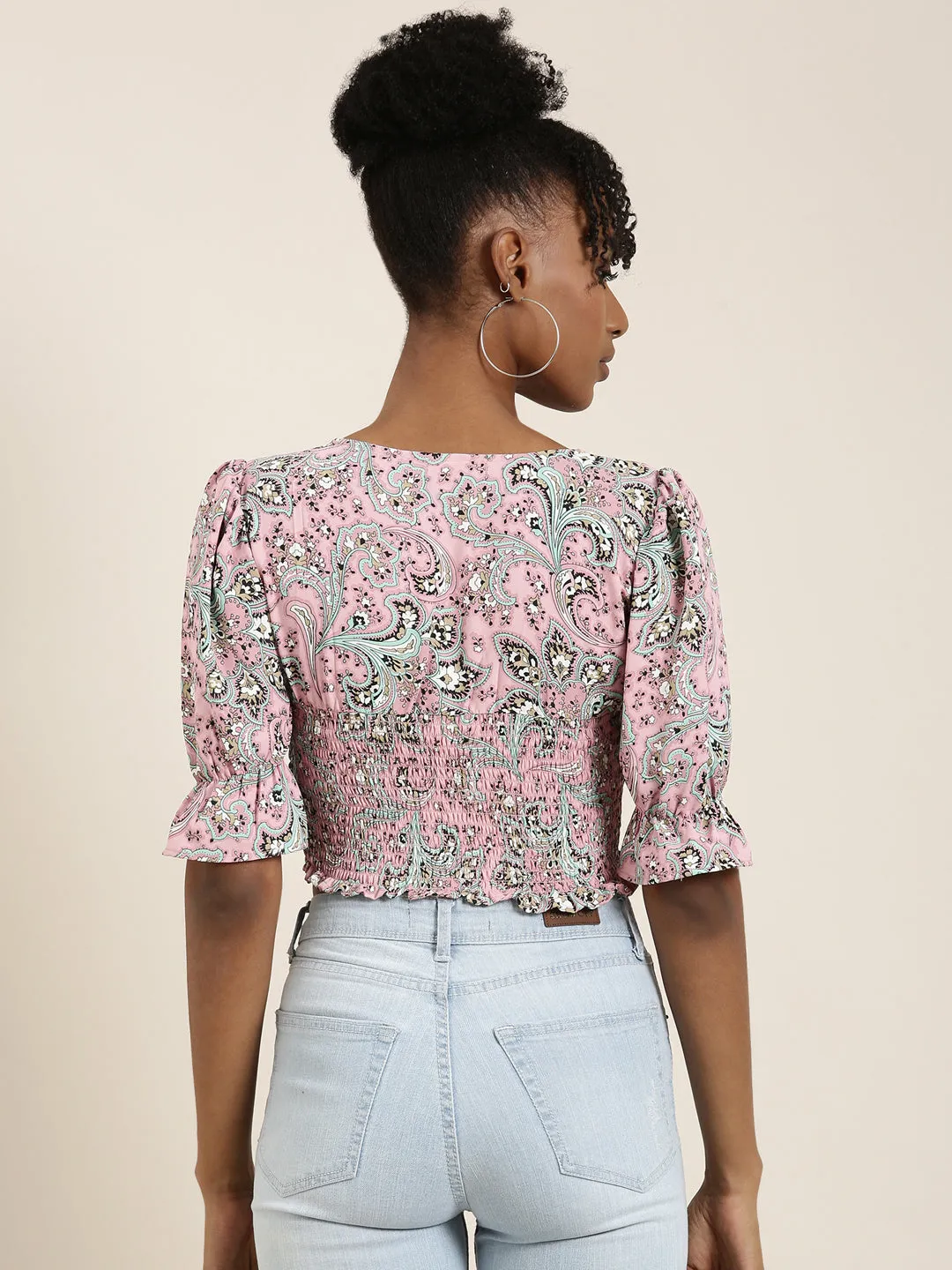 Cozy Stretch Urban Fit Women's Pink Floral Printed Bell Sleeves Crop Top