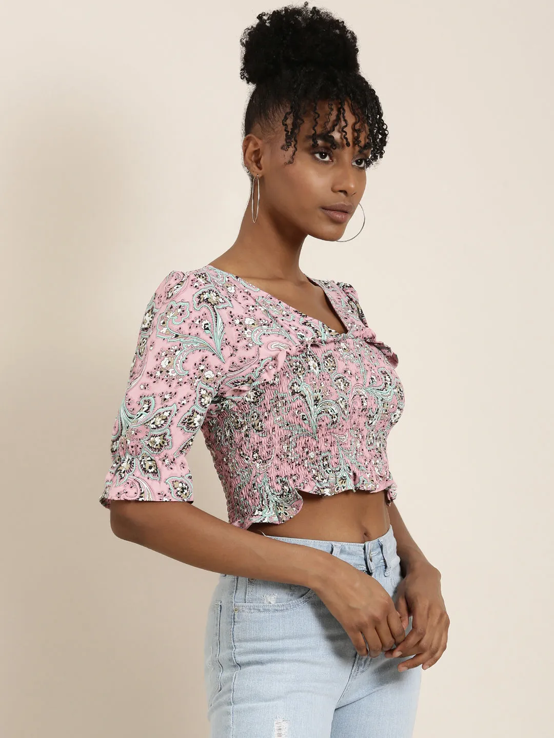Women's Pink Floral Printed Bell Sleeves Crop Top Chic Smart