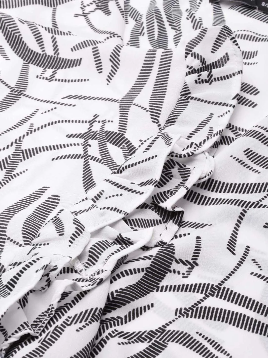 Durable Knitwear Women's Off White Abstract Printed Flared Sleeves Tie-Ups Wrap Crop Top