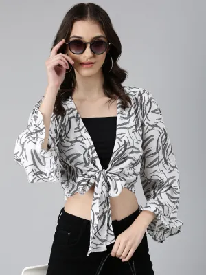 Soft and breathable sequined details Women's Off White Abstract Printed Flared Sleeves Tie-Ups Wrap Crop Top