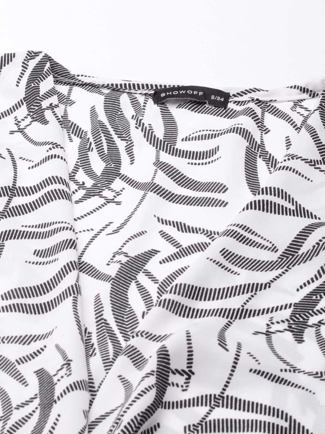 Women's Off White Abstract Printed Flared Sleeves Tie-Ups Wrap Crop Top Vintage Wash Effect hypoallergenic