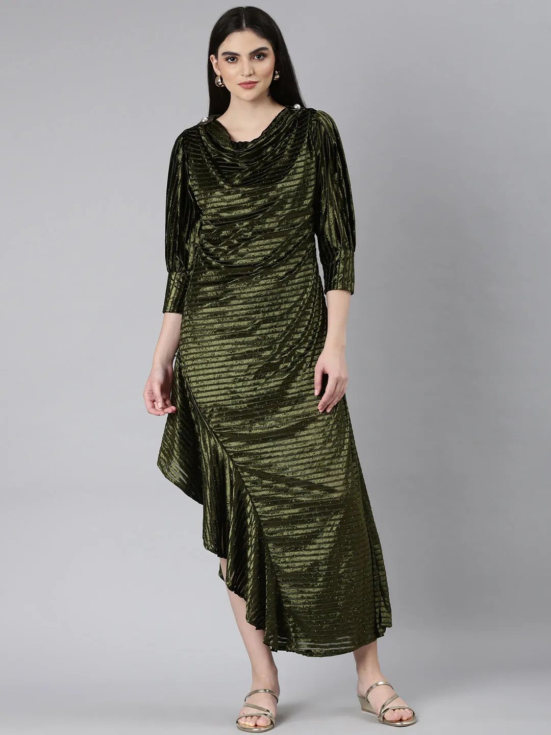 Women's Olive Cowl Neck Velvet Blouson Midi Dress Chic Tailoring Timeless Waist