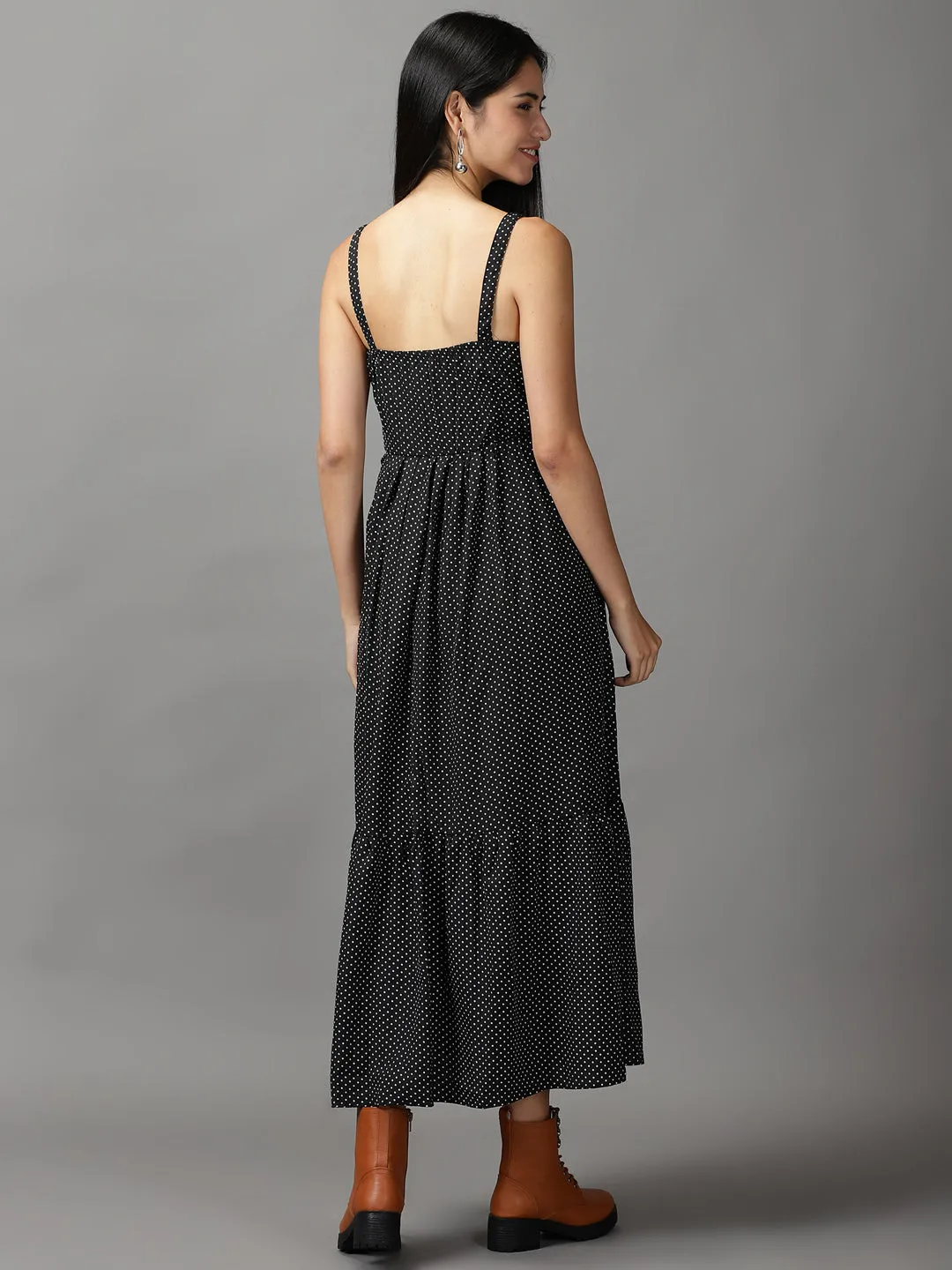 Women's Black Polka Dots Fit & Flare Dress Casual and Comfy