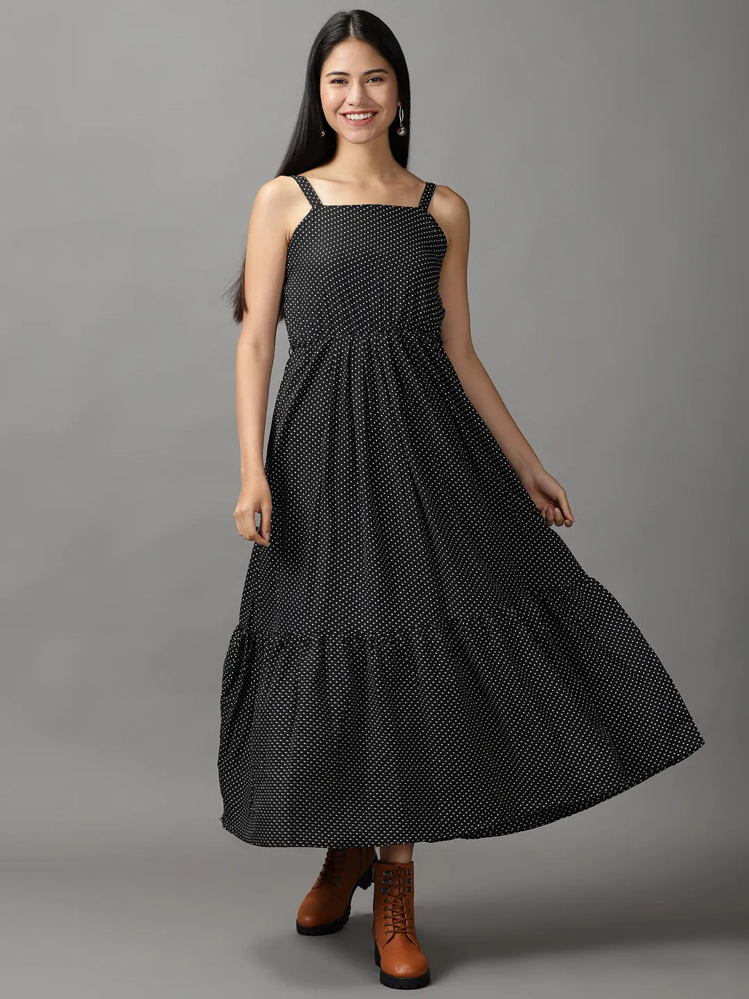 Elegant knee-length dress Women's Black Polka Dots Fit & Flare Dress