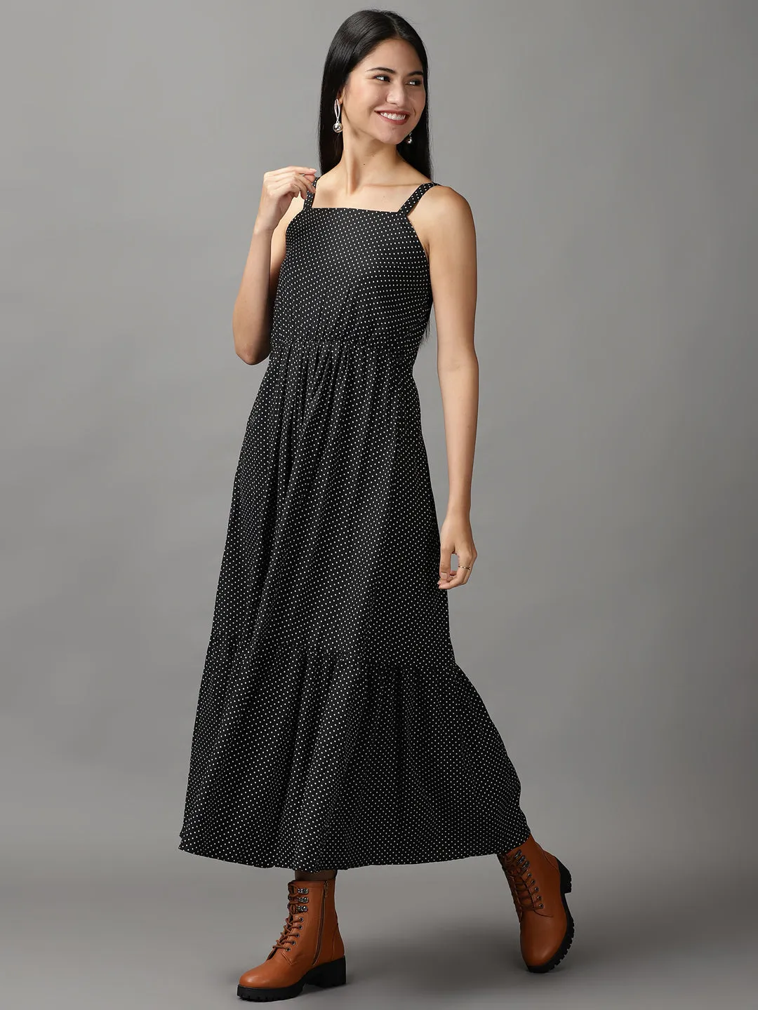 Women's Black Polka Dots Fit & Flare Dress Summer-Season