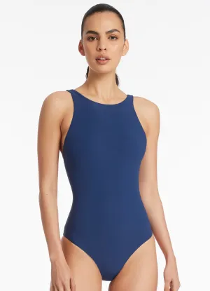High Neck One Piece - Pacific Blue Comfort Swim Mold Resistant Lining