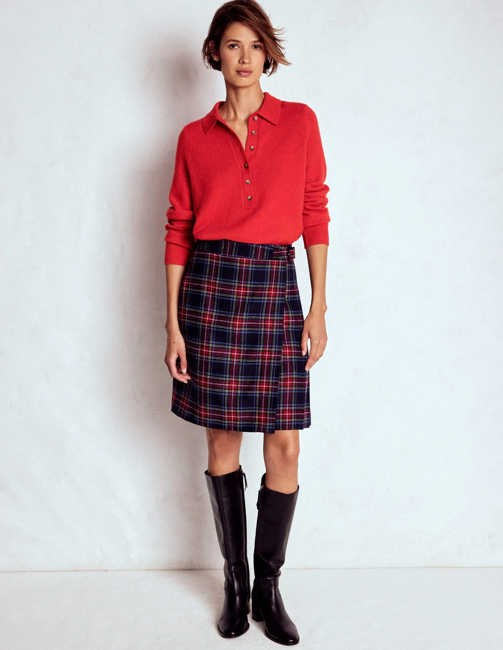 ribbed texture Helen Wool Kilt Skirt-Navy, Green and Red Check