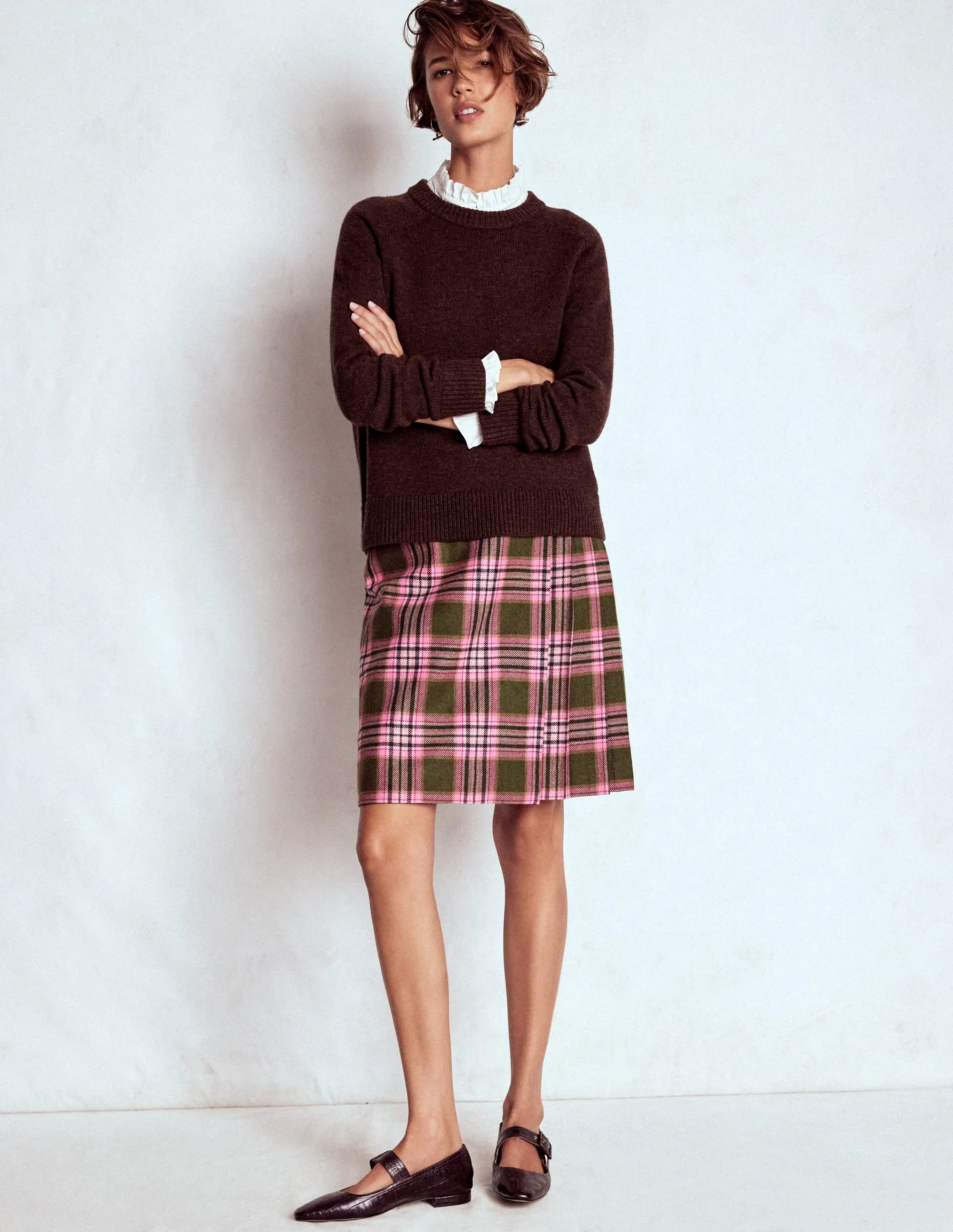 Knee Length Helen Wool Kilt Skirt-Olive, Green and Pink Check