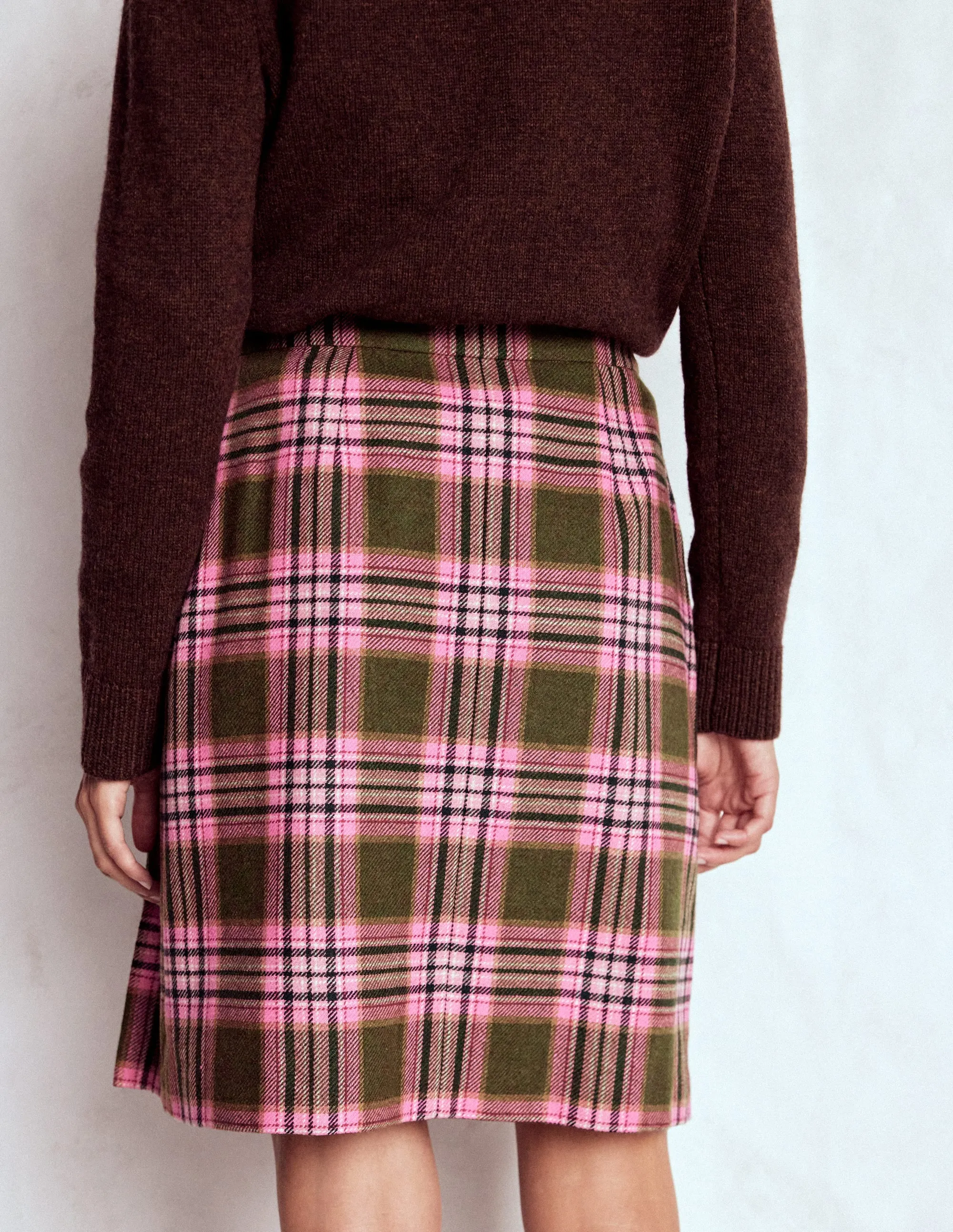 Helen Wool Kilt Skirt-Olive, Green and Pink Check Bamboo Fiber
