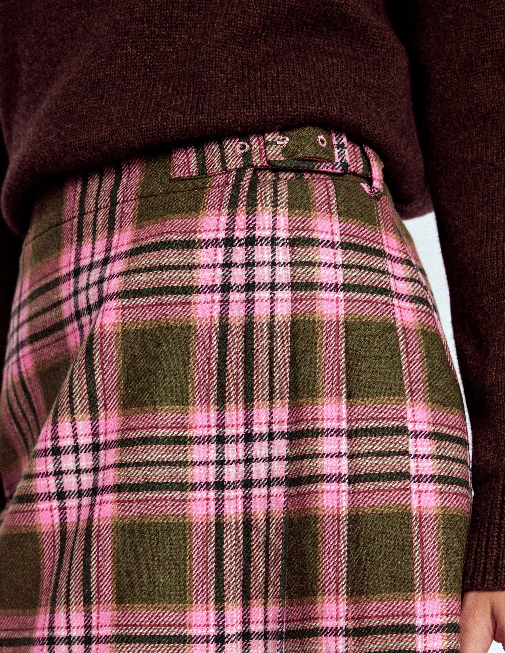 Natural Mood Helen Wool Kilt Skirt-Olive, Green and Pink Check