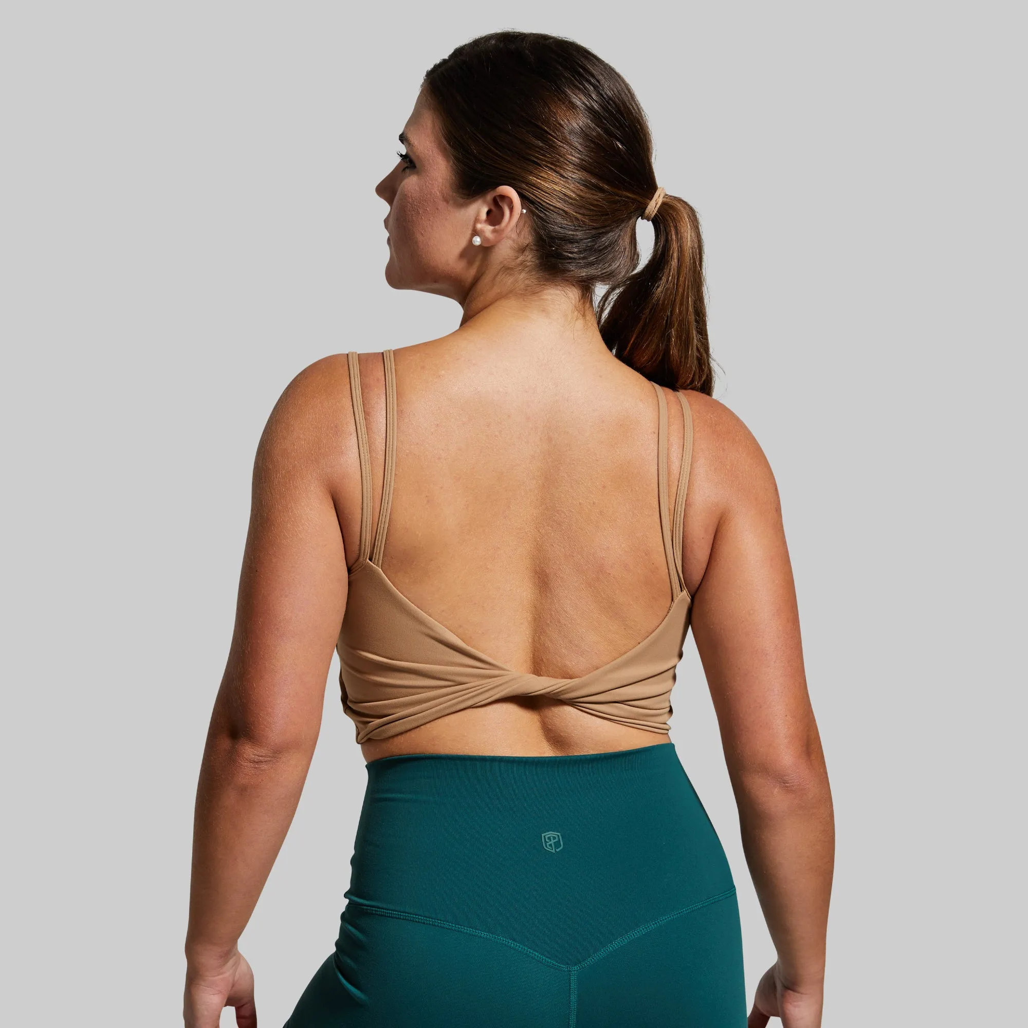 Posture Enhancing Structure Accessorized Don't Get It Twisted Sports Bra (Tiger's Eye)