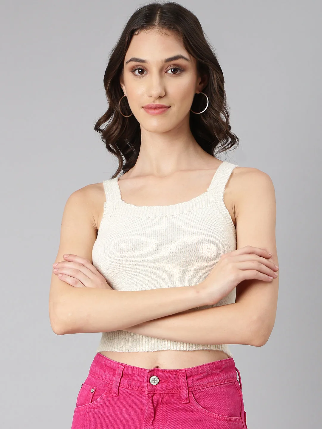 Women's Cream Shoulder Straps Fitted Crop Top Quick-Drying Shirt EasyCareFinish